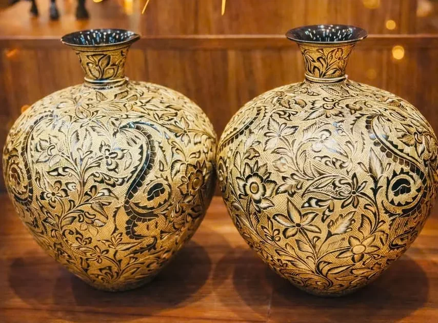 Pair of hand-engraved brass vases