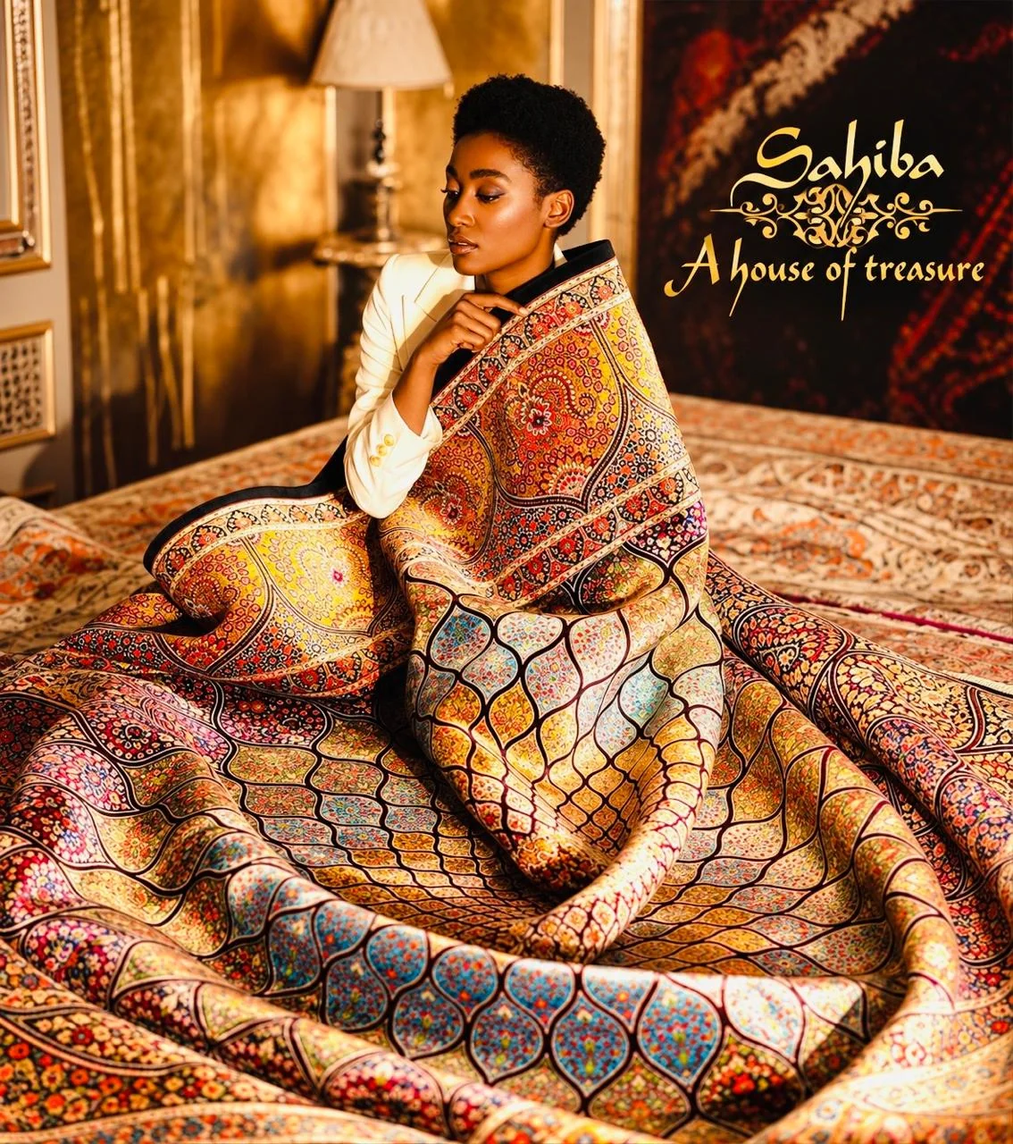 A hand-knotted rug worn draped over the shoulders, its patterns catching the light