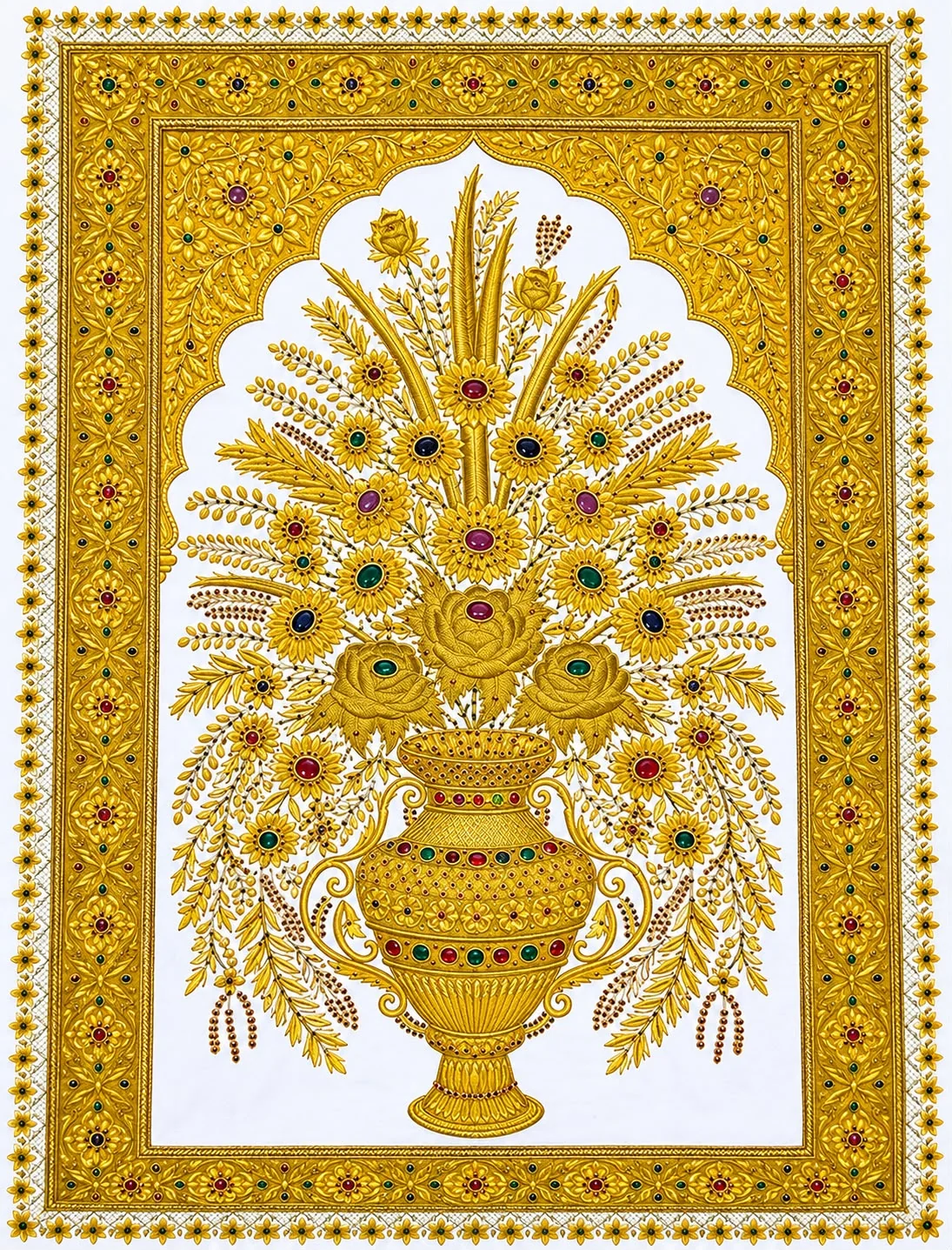 Gold-toned embroidered wall tapestry with a jewelled floral vase motif